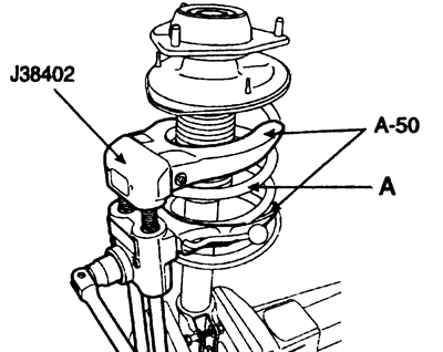 3. Специальным приспособлением (J38402, А-50) сожмите цилиндрическую пружину (А) стойки передней…