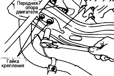 33. Отверните гайку крепления задней опоры двигателя к поперечине.