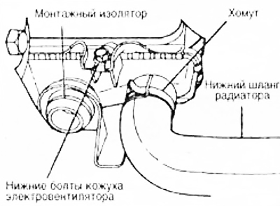 7. Отсоедините от радиатора нижний шланг.