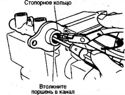 6. Перед снятием стопорного винта переместите второй поршень в полость главного тормозного…