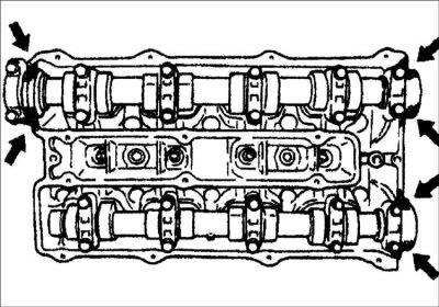 26. Нанесите силиконовый герметик на передние и заднюю крышку распределительных валов.