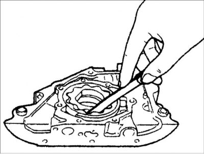 3. Щупом измерьте зазор между зубьями роторов масляного насоса.