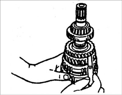 1. Измерьте зазор между шестерней 2–ой передачи и ведомой шестерней 3–ей передачи.