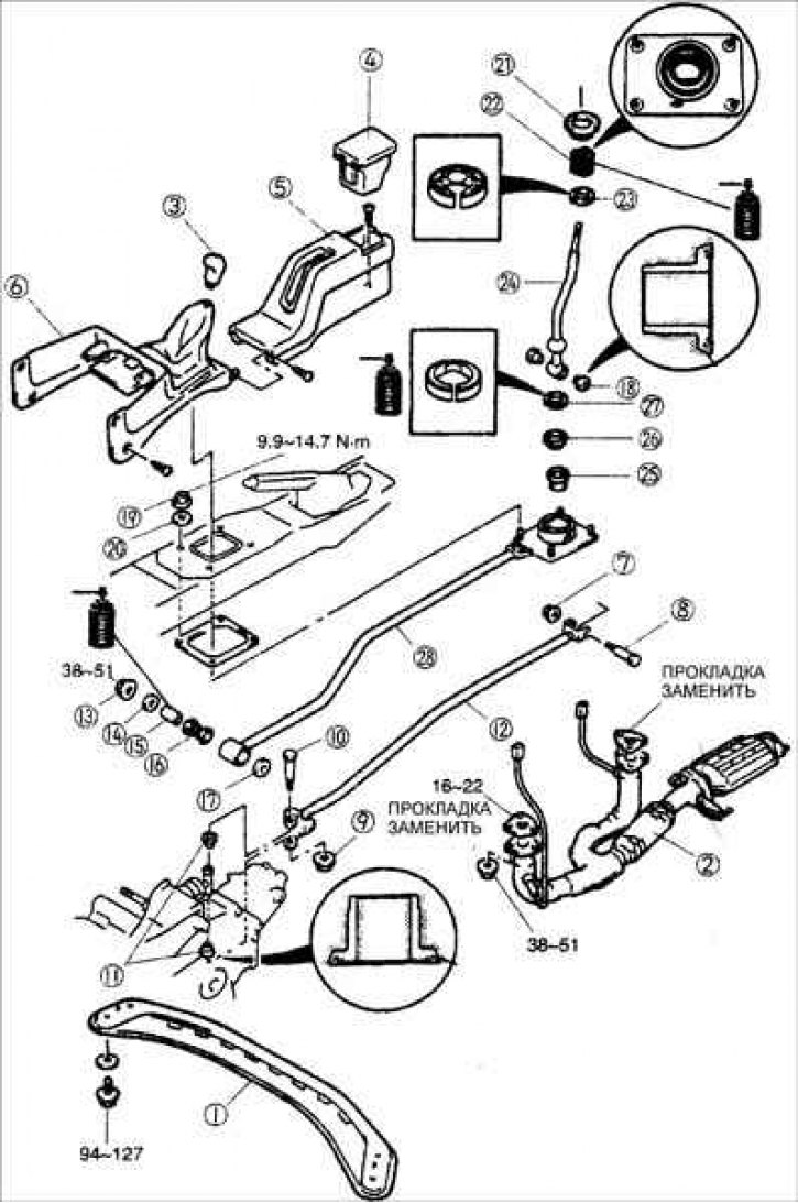 1 – поперечина; 2 – выхлопная труба; 3 – рукоятка рычага переключения передач; 4 – задняя…