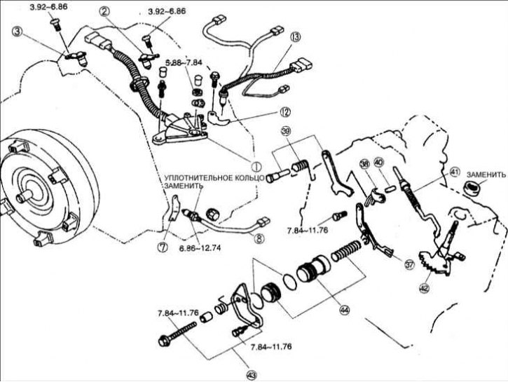 1 – датчик положения; 2 – датчик скорости; 3 – датчик скорости; 7 – предохранитель датчика ATF; 8 –…