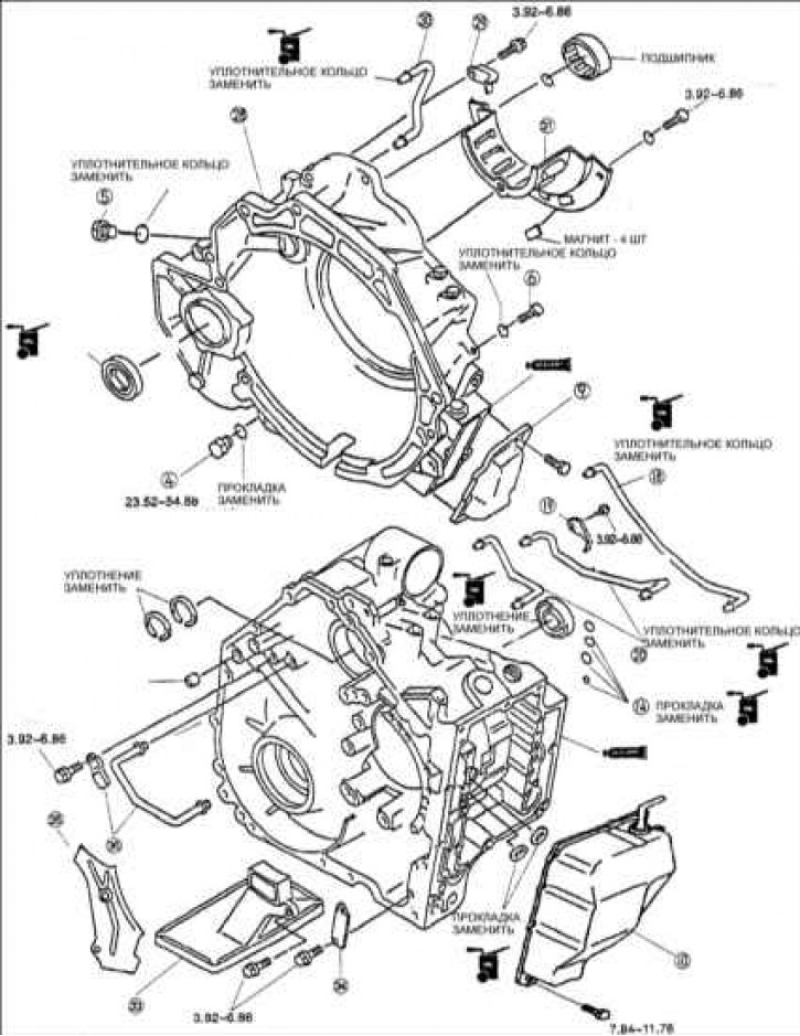 4 – сливная пробка; 5 – пробка; 6 – пробка; 9 – крышка коробки передач; 10 – боковой кожух коробки…