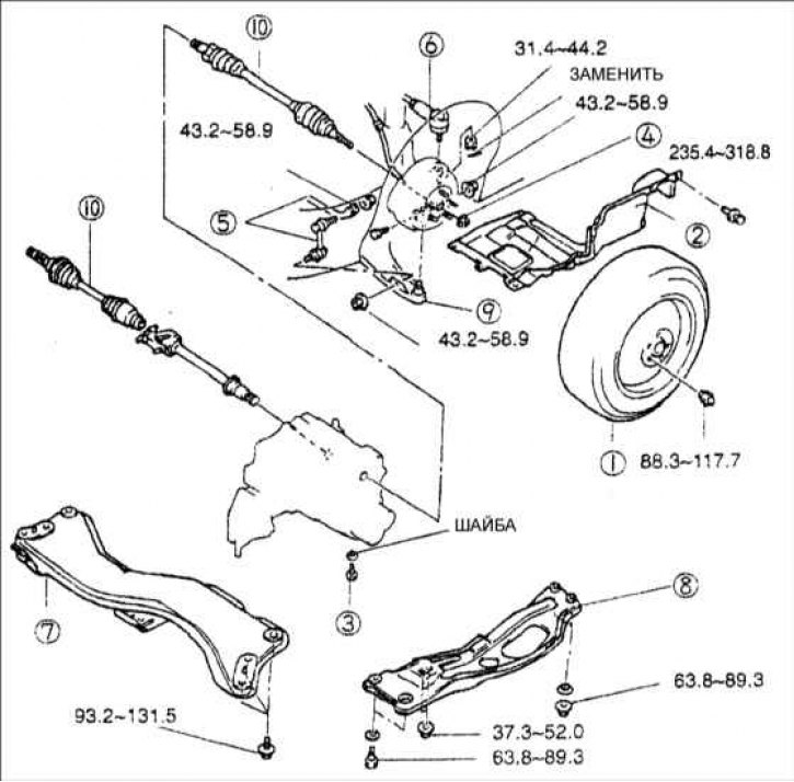 1 – колесо; 2 – брызговик; 3 – сливная пробка; 4 – контргайка; 5 – стабилизатор и серьга…
