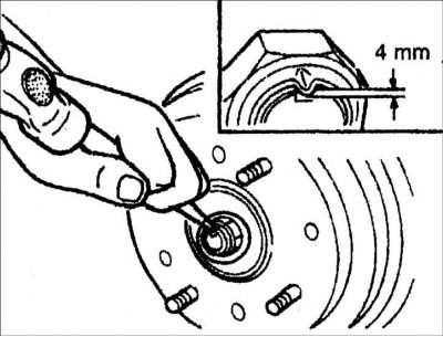 5. Наверните новую гайку с буртиком и забейте буртик гайки в паз ступицы.