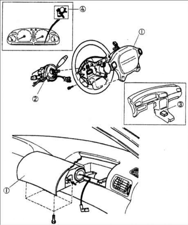 1 – модуль подушки безопасности; 2 – спиральная пружина; 3 – узел подушки безопасности; 4 –…