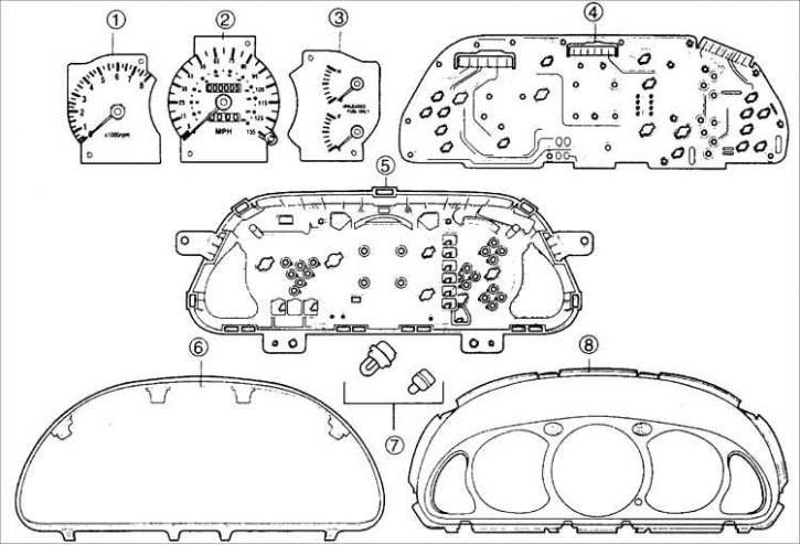1 – тахометр; 2 – спидометр со счетчиками суточного и общего пробега автомобиля; 3 – указатели…