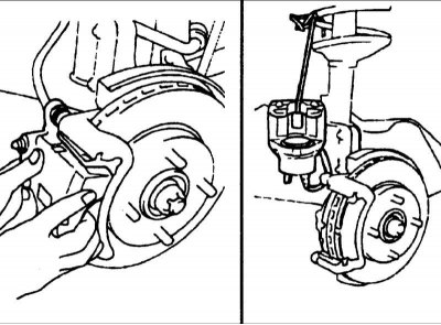 3. Выверните два направляющих пальца и снимите суппорт с тормозным цилиндром.