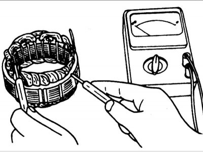 1. Омметром проверьте проводимость между проводами катушки статора. При отсутствии проводимости…
