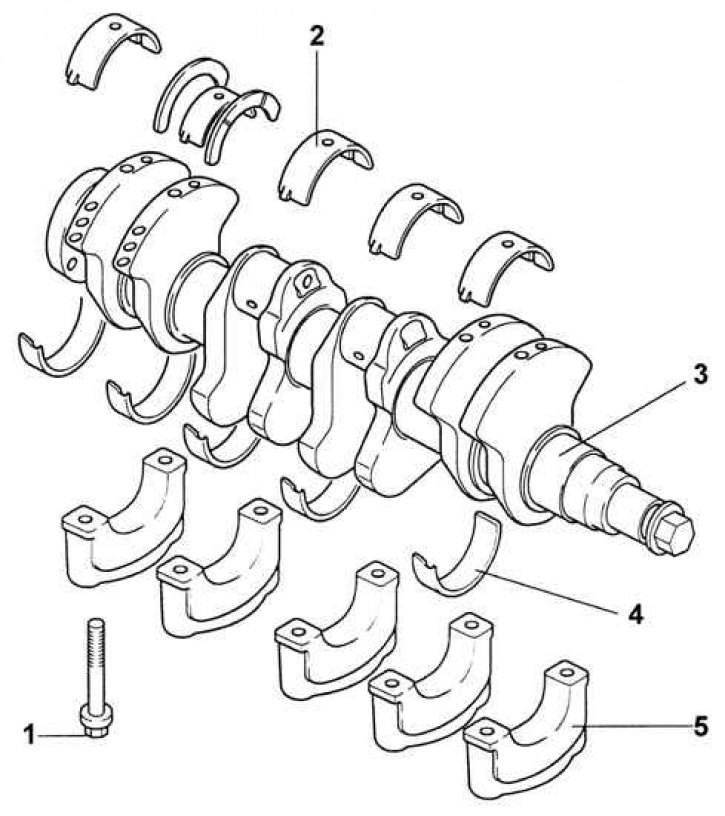 1 – болт, 54–59 Н·м; 2 – коренной вкладыш; 3 – коленчатый вал; 4 – коренной вкладыш; 5 – крышка…
