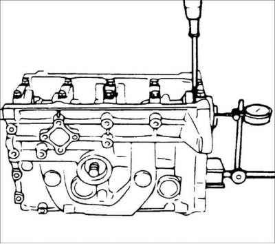 18. Переместите коленчатый вал вдоль оси до упора и установите шкалу индикатора часового типа на…