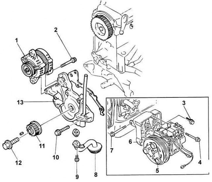 1 – генератор; 2 – болт, 37–52 Н·м; 3 – болт, 37–52 Н·м; 4 – болт, 24–35 Н·м; 5 – компрессор…