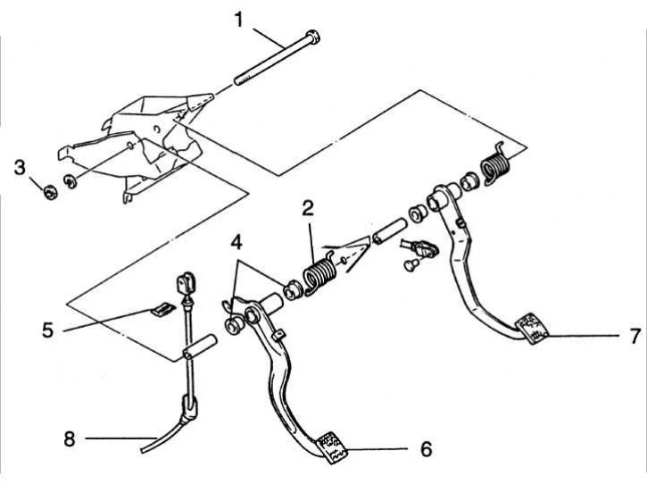 1 – шарнирный болт; 2 – возвратная пружина; 3 – гайка; 4 – втулки; 5 – зажим; 6 – педаль сцепления;…