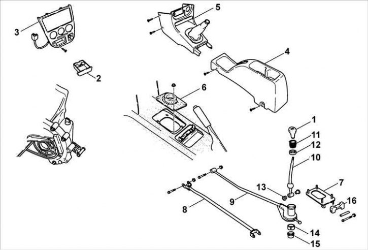 1 – ручка рычага переключения передач; 2 – пепельница; 3 – центральная панель; 4 – задняя консоль;…