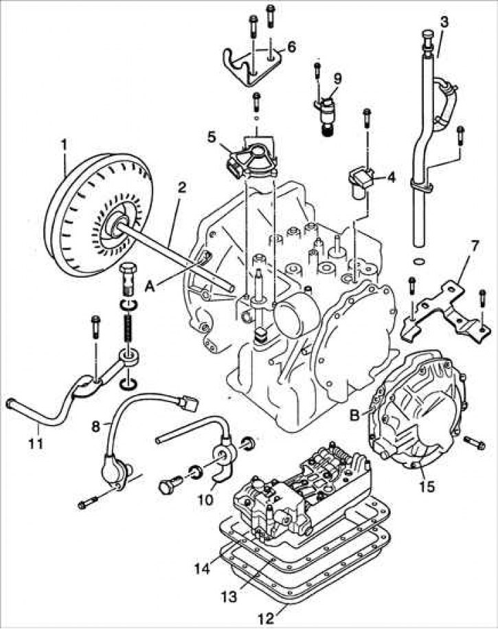 1 – пераўтваральнік крутоўнага моманту; 2 – вал алейнай помпы; 3 - труба паказальніка ўзроўню і…