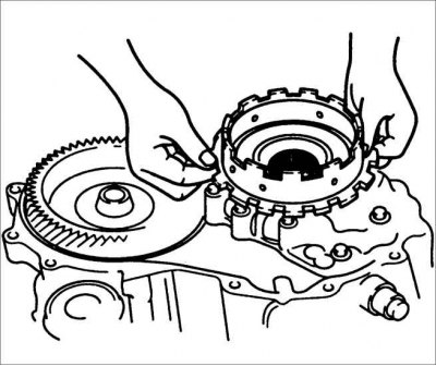 34. Вывярніце ніты (з боку пераўтваральніка - восем нітаў і са боку картэра скрынкі перадач - сем…