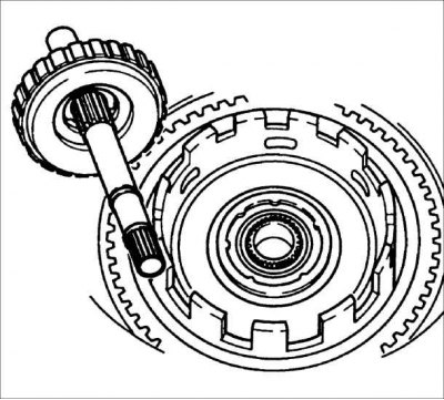 усталюеце вал турбіны і блок счаплення 3-4 у картэр скрынкі перадач як зборку.