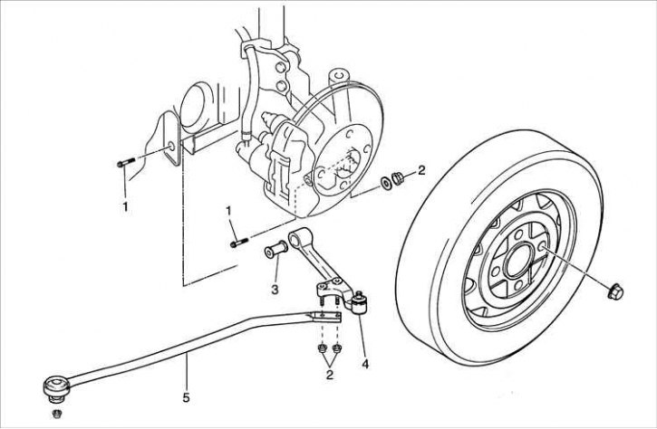 1 – болт; 2 – гайки; 3 – втулка; 4 – нижний рычаг; 5 – продольная тяга.