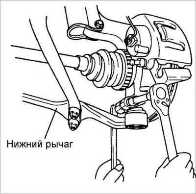 6. Выверните гайку и снимите болт крепления цапфы шарового шарнира к поворотному кулаку. Отделите…