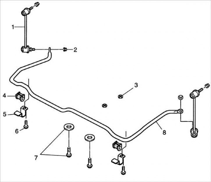 1 – тяга стабилизатора; 2 – гайка; 3 – гайка; 4 – резиновая втулка стабилизатора; 5 – кронштейн…