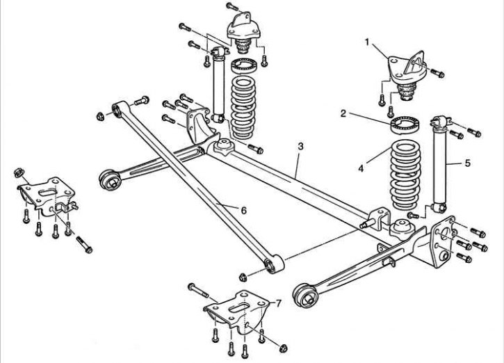 1 – опора; 2 – резиновая опора пружины; 3 – балка задней подвески; 4 – цилиндрическая пружина; 5 –…
