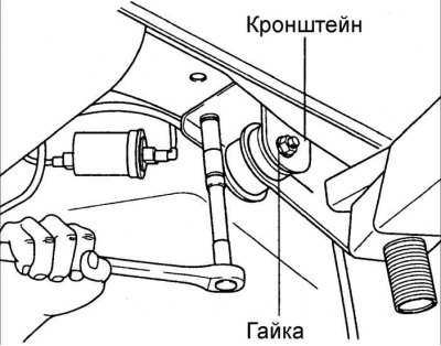 12. Отверните гайки и извлеките болты крепления передних частей продольных рычагов балки задней…