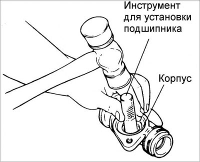 6. Молотком и специальным инструментом установите нижний подшипник в корпус регулирующего клапана.