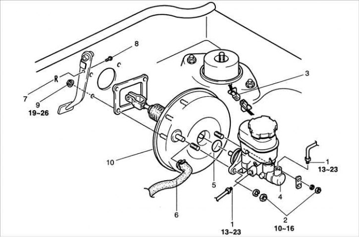 1 – тормозная трубка; 2 – гайки; 3 – электрический разъем; 4 – главный тормозной цилиндр; 5 –…