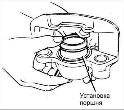 1. Смажьте тормозной жидкостью и установите уплотнение поршня в цилиндр суппорта.