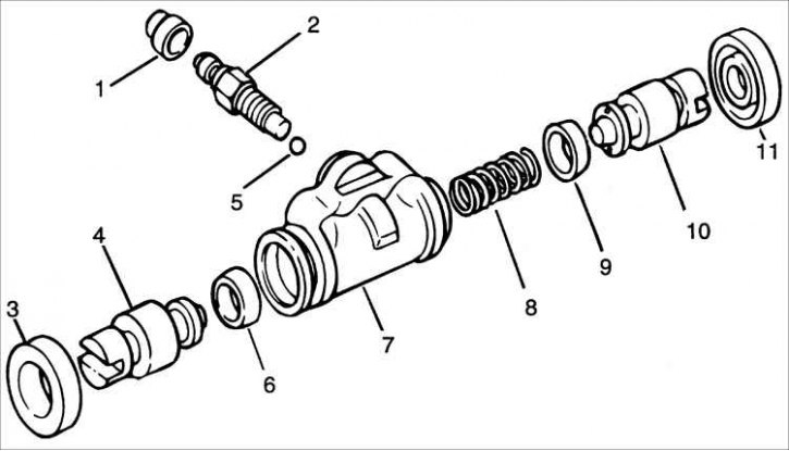 1 – пылезащитный колпачок; 2 – штуцер прокачки; 3 – пылезащитный чехол; 4 – поршень; 5 –…