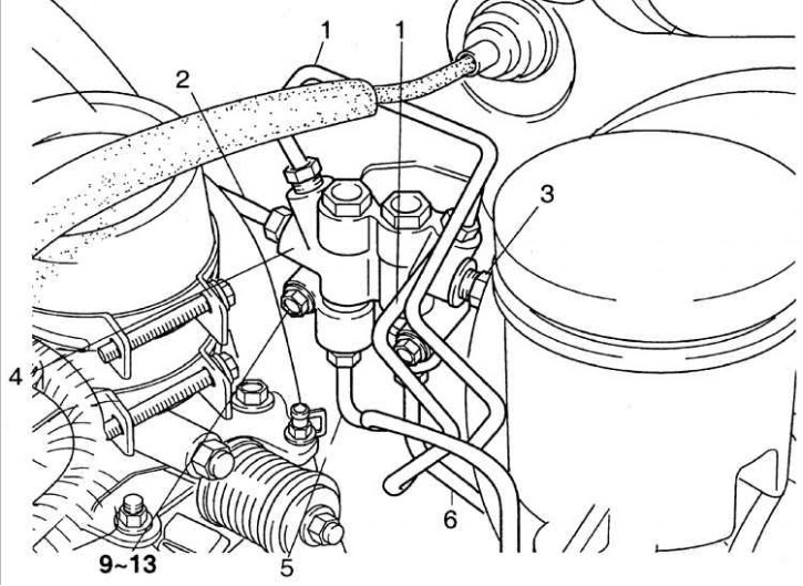 1 - тармазная трубка ад галоўнага тармазнога цыліндру; 2 – тармазная трубка да пярэдняга правага…
