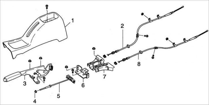 1 – консоль; 2 – задняя часть троса стояночного тормоза; 3 – рычаг стояночного тормоза; 4 –…