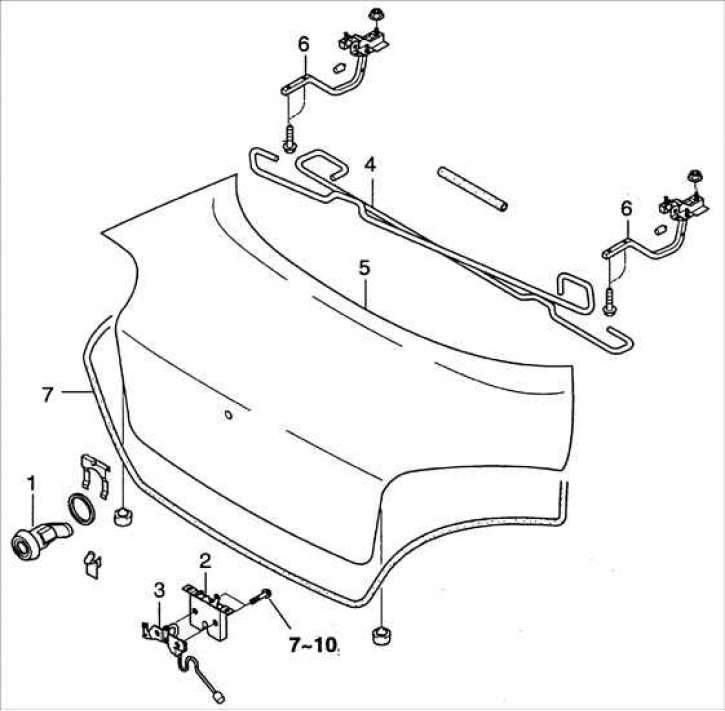 1 – цилиндр замка багажника; 2 – замок крышки багажника; 3 – ударная пластина крышки багажника; 4 –…