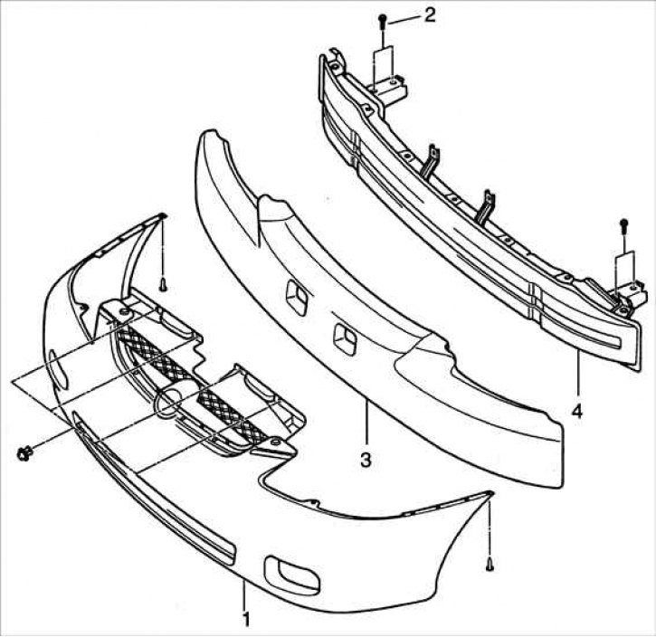 1 – накладка бампера; 2 – болт; 3 – пенный поглотитель энергии; 4 – усилитель бампера.