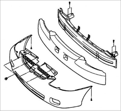 4. Освободите четыре фиксатора крепления основания бампера.