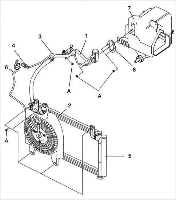 1 – всасывающая трубка; 2 – вентилятор конденсатора; 3 – трубка; 4 – датчик двойного давления; 5 –…