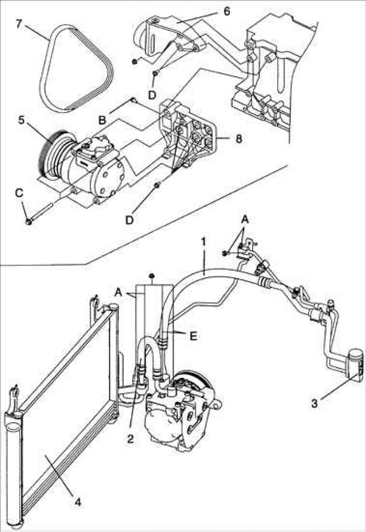 1 – всасывающая трубка; 2 – шланг разрядки; 3 – шланг расширения; 4 – конденсатор; 5 – компрессор…