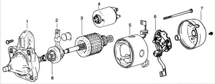1 – передняя крышка; 2 – рычаг; 3 – ротор; 4 – тяговое реле; 5 – статор с катушками; 6 –…