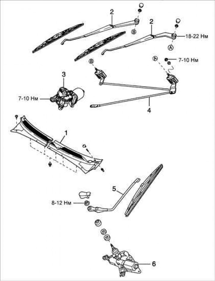 1 – решетка капота; 2 – рычаг стеклоочистителя ветрового стекла; 3 – двигатель стеклоочистителя…