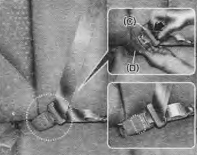 2. Працягніце планку (С) рамяня да замка (D) і ўстаўце яе ў замак. Пераканайцеся ў адсутнасці…