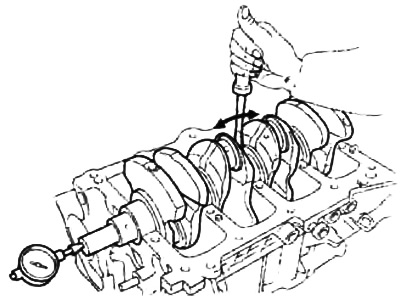 4. Индикатором измерьте осевой зазор коленчатого вала, перемещая последний назад - вперед с помощью…