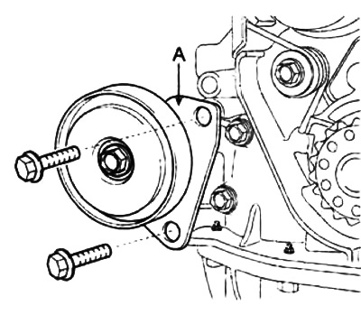 6. Снимите кронштейн (А) натяжителя ремня привода компрессора кондиционера.