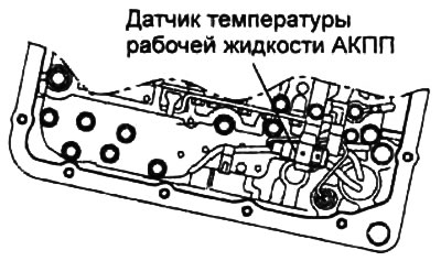 а) Снимите датчик температуры рабочей жидкости АКПП с блока электромагнитных клапанов АКПП.