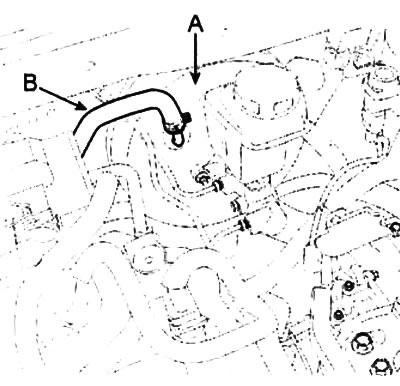 2. Отсоедините вакуумный шланг (В) от вакуумного усилителя тормозов (А).