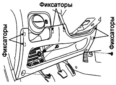 2. Отверните два болта, два винта, отсоедините фиксаторы и снимите отделку нижней части панели…
