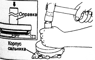 С помощью специальной оправки установите новый сальник в корпус сальника, как показано на рисунке.