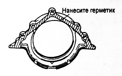 а) Нанесите герметик на корпус сальника в местах, показанных на рисунке.